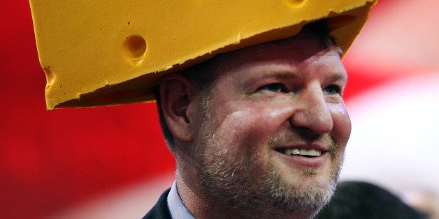 TAMPA, FL - AUGUST 28: At the Republican National Convention at the Tampa Bay Times Forum, Jim Miller a delegate from Wisconsin, wears his cheese hat to the convention. (Photo by John Tlumacki/The Boston Globe via Getty Images)