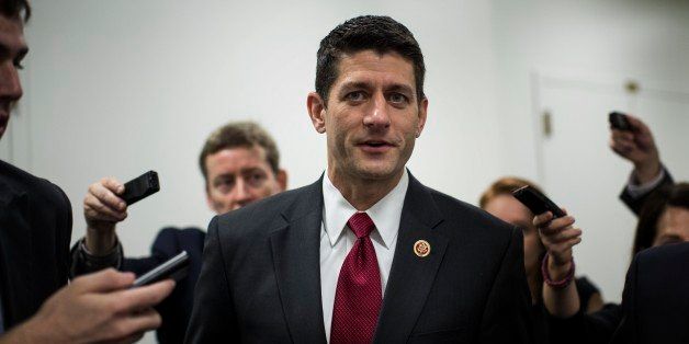 WASHINGTON, DC - OCTOBER 4: Chairman of the House Budget Committee Paul Ryan (R-WI) walks into the Republican Conference meeting on the fifth day of a government shutdown with no Congressional agreement in sight, on Capitol Hill Friday October 4, 2013. (Photo by Melina Mara/The Washington Post via Getty Images)
