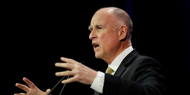 California Gov. Jerry Brown speaks during a general session at the California Democrats State Convention on Saturday, March 8