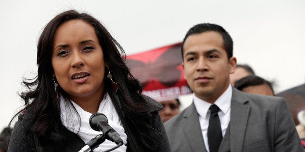 WASHINGTON, DC - DECEMBER 04: Erika Andiola (L), who recently resigned her position in the congressional office of Rep. Rep. Kyrsten Sinema (D-AZ), speaks at a press conference held by the Dream Action Coalition on immigration reform December 4, 2013 in Washington, DC. Andiola's mother, Maria Andiola, faces deportation proceedings being conducted by Immigration and Customs Enforcement. (Photo by Win McNamee/Getty Images)