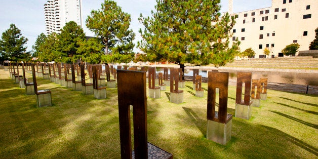 North America, USA, Oklahoma, Oklahoma City, Murrah Federal Building Memorial, Field of Empty Chairs representing, 168 Men, W