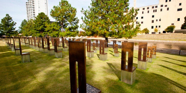 North America, USA, Oklahoma, Oklahoma City, Murrah Federal Building Memorial, Field of Empty Chairs representing, 168 Men, Women and Children Killed in Bomb Blast. (Photo by: Education Images/UIG via Getty Images)