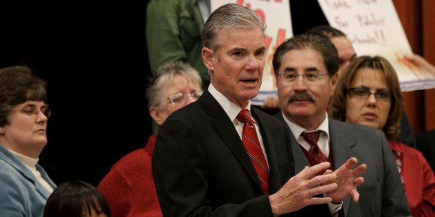 State Superintendent of Public Instruction Tom Torlakson, center, speaks next to CTA President David Sanchez at a news conference at Portola Elementary School in San Bruno, Calif, Tuesday, March 15, 2011. School districts in California have issued nearly 19,000 layoff notices so far to teachers amid uncertainty over the state budget, the California Teachers Association estimated Tuesday. (AP Photo)