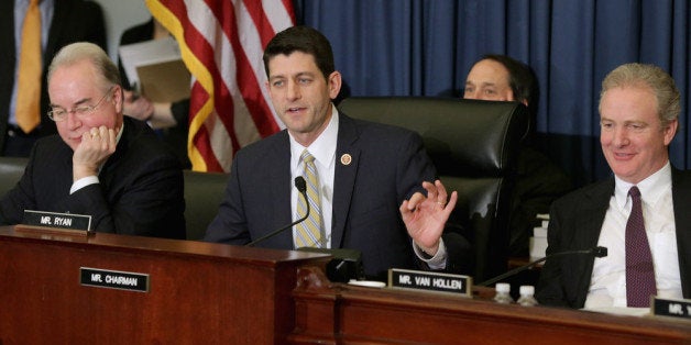 WASHINGTON, DC - FEBRUARY 05: House Budget Committee Chairman Paul Ryan (R-WI) (C) debates as ranking member Rep. Chris Van Hollen (D-MD) (R) and Rep. Tom Price (R-GA) listens during a hearing in the Cannon House Office Building on Capitol Hill February 5, 2014 in Washington, DC. Committee members questioned Congressional Budget Office Director Douglas Elmendorf about the latest projections by the CBO, which says the Affordable Care Act, or Obamacare, will affect supply and demand for labor, leading to a net reduction of about 2.5 million full-time jobs by 2024. (Photo by Chip Somodevilla/Getty Images)