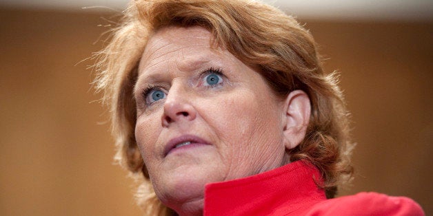 UNITED STATES - APRIL 23: Sen. Heidi Heitkamp, D-N.D., speaks at a press conference about the Marketplace Fairness Act in the Dirksen Senate Office Building. The legislation would require out-of-state retailers to collect sales tax to help brick-and-mortar stores to compete with online retailers. (Photo By Chris Maddaloni/CQ Roll Call)