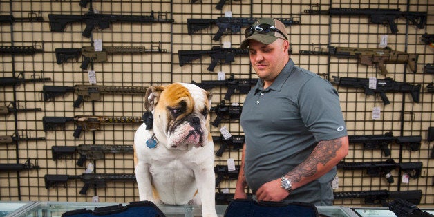 ROCKVILLE, MD - MAY 1:Brutus, the shop dog at Engage Armaments poses with the Armatix iP1, a .22 caliber smart gun that has a safety interlock along with Andy Raymond May 1, 2014 in Rockville, MD. (Photo by Katherine Frey/The Washington Post via Getty Images)