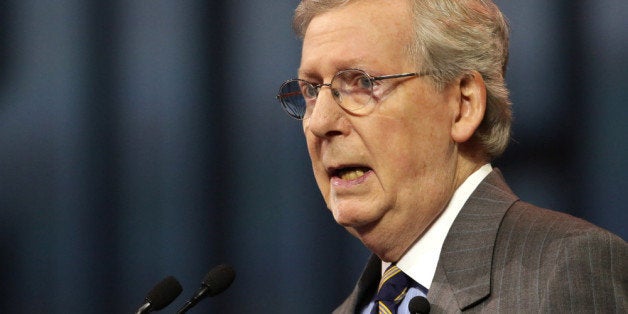 INDIANAPOLIS, IN - APRIL 25: Senate Minority Leader Mitch McConnell (R-KY) speaking during the National Rifle Association Annual Meeting Leadership Forum on April 25, 2014 in Indianapolis, Indiana. The NRA annual meeting runs from April 25-27. (Photo by John Gress/Getty Images)