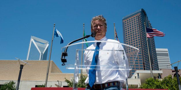 UNITED STATES - MAY 5: Sen. Rand Paul, R-Ky., speaks at the Greg Brannon for Senate rally at the NASCAR Hall of Fame in Charlotte on Monday, May 5, 2014, the day before North Carolina's primary election. (Photo By Bill Clark/CQ Roll Call)