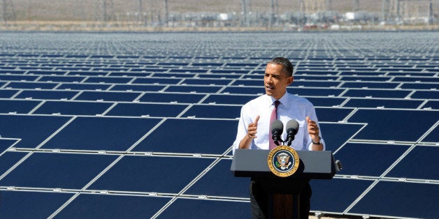 BOULDER CITY, NV - MARCH 21: U.S. President Barack Obama speaks at Sempra U.S. Gas & Power's Copper Mountain Solar 1 facility, the largest photovoltaic solar plant in the United States on March 21, 2012 in Boulder City, Nevada. Obama is on a four-state tour promoting his energy policies. (Photo by Ethan Miller/Getty Images)