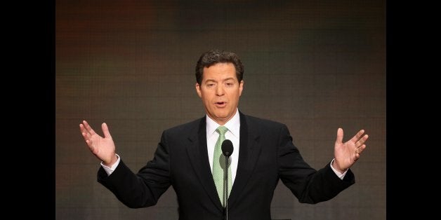 UNITED STATES - SEPTEMBER 04: Sam Brownback, a Republican senator from Kansas, speaks on day four of the Republican National Convention (RNC) at the Xcel Energy Center in St. Paul, Minnesota, U.S., on Thursday, Sept. 4, 2008. Senator John McCain of Arizona, Republican presidential candidate, will accept his party's nomination during his speech tonight. (Photo by Daniel Acker/Bloomberg via Getty Images)