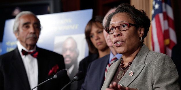 WASHINGTON, DC - NOVEMBER 18: Rep. Marcia Fudge (D-OH) speaks at a press conference with other members of Congress at the U.S. Capitol on the nomination of Robert Wilkins to be U.S. Circuit Judge for the District of Columbia November 18, 2013 in Washington, DC. Wilkins's nomination has not been voted on by the U.S. Senate due to Republican efforts to filibuster the nomination. Also pictured is Rep. Charles Rangel (D-NY)(L). (Photo by Win McNamee/Getty Images)