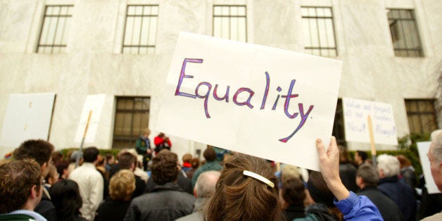 SALEM, OR - DECEMBER 15: Supporters of Same Sex marriage in Oregon demonstrate on the steps of the State Capital Building December 15, 2004 in Salem, Oregon. The Oregon Supreme Court heard Oral arguments on the gay marriage issue today involving the case of Li vs. the State of Oregon. Mary Li is the main plaintiff in the case because she and her partner, Becky Kennedy, were the first couple married in Portland back in March. (Photo by Craig Mitchelldyer/Getty Images)