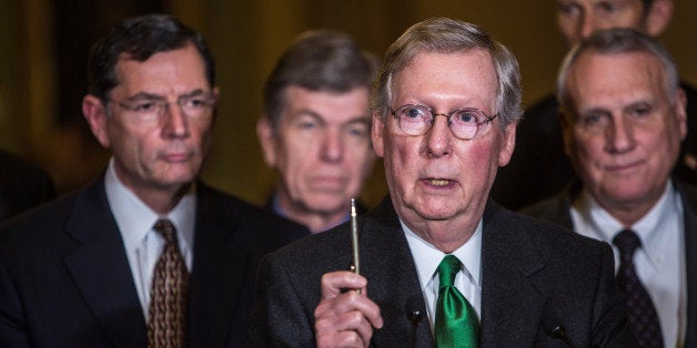 WASHINGTON, DC - DECEMBER 4: (L-R) Sen. John Barrasso (R-WY), Sen. Roy Blunt (R-MO), Senate Minority Leader Mitch McConnell (