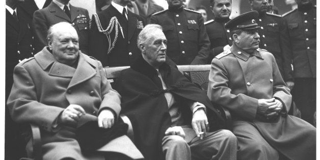 Winston Churchill, Franklin D. Roosevelt, and Joseph Stalin in front of Livadia Palace during the Yalta Conference. February 9, 1945