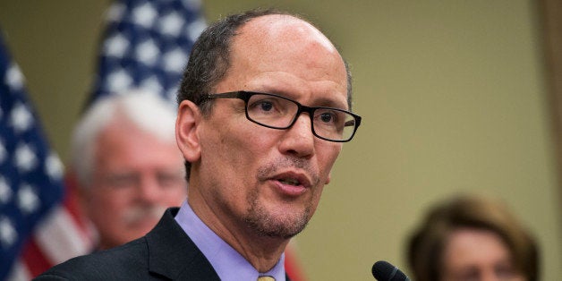 UNITED STATES - APRIL 03: Labor Secretary Thomas Perez, speaks at an event in the Capitol Visitor Center to call on the minimum wage to be increased to $10.10 per hour. (Photo By Tom Williams/CQ Roll Call)