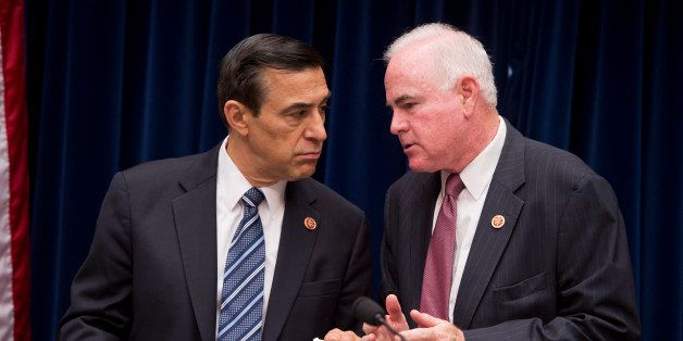 UNITED STATES - SEPTEMBER 19: Chairman of the House Oversight and Government Reform Committee Darrell Issa, R-Calif., left, and Rep. Pat Meehan, R-Pa., talk before a hearing in Rayburn titled 'Reviews of the Benghazi Attacks and Unanswered Questions.' (Photo By Tom Williams/CQ Roll Call)