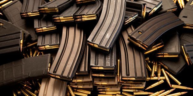 High capacity ammunition magazines for the AR-15 assault rifle filled with live .223 caliber (5.56mm) ammo