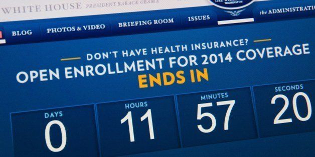 This image taken March 31, 2014 in Washington, DC shows the home page for the White House site indicating the amount of time remaining before open enrollment for the Affordable Care Act closes. Today is the deadline day for uninsured Americans to sign up for coverage through US President Barack Obama's signature healthcare law, the Affordable Care Act. AFP PHOTO / Karen BLEIER (Photo credit should read KAREN BLEIER/AFP/Getty Images)