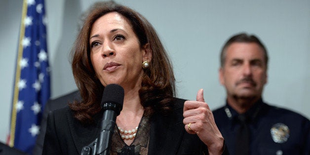 LOS ANGELES, CA - MAY 17: California Attorney General Kamala Harris speaks at a news conference on May 17, 2013 at the Los Angeles Civic Center in Los Angeles, California. Harris hosted a meeting of the state's district attorneys to develop recommendations on reducing gun violance. (Photo by Kevork Djansezian/Getty Images)