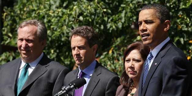 WASHINGTON - MAY 07: (R to L) U.S. President Barack Obama speaks about jobs while flanked by Secretary of Labor Hilda Solis, Treasury Secretary Timothy Geithner, and Director of the National Economic Council Larry Summers at the White House on May 7, 2010 inWashington, DC. President Obama announced that figures for February and March show 121,000 more jobs were added and the unemployment rate rose to 9.9 percent as the size of the labor force increased. (Photo by Mark Wilson/Getty Images)