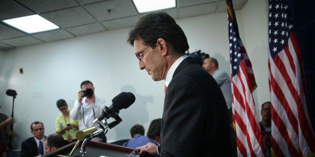 WASHINGTON, DC - JUNE 11: U.S. House Majority Leader Rep. Eric Cantor (R-VA) pauses as he speaks during a news conference June 11, 2014 on Capitol Hill in Washington, DC. Cantor announced that he will step down from his leadership position at the end of July after he had lost his Virginia primary to Tea Party challenger Dave Brat last night. (Photo by Alex Wong/Getty Images)