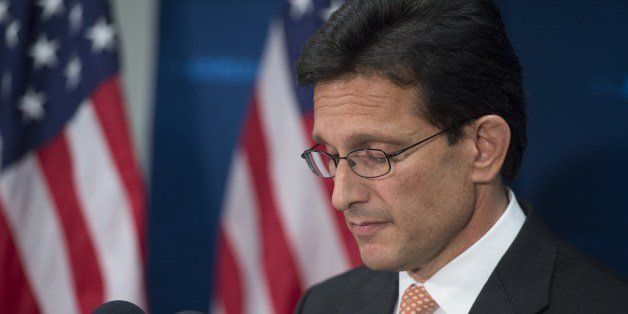 US House Majority Leader Eric Cantor speaks during a press conference announcing his resignation as Majority Leader at the US Capitol in Washington, DC, June 11, 2014. Cantor lost a Republican primary to a Tea Party favorite last night in an unprecedented upset. AFP PHOTO / Saul LOEB (Photo credit should read SAUL LOEB/AFP/Getty Images)