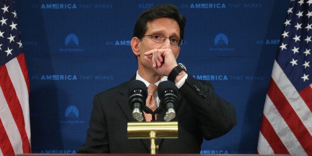 WASHINGTON, DC - JUNE 11: House Majority Leader Eric Cantor (R-VA) talks to the media about his defeat last night, during a news conference at the U.S. Capitol, June 11, 2014 in Washington, DC. Yesterday House Majority Leader Eric Cantor (R-VA) lost his Virginia primary to Tea Party challenger Dave Brat. (Photo by Mark Wilson/Getty Images)