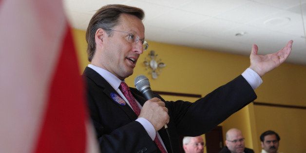 GLEN ALLEN, VA - APRIL 26: College economics professor and Republican candidate for Congress David Brat (C) addresses voters at the Henrico County Republican Party breakfast meeting April 26, 2014 in Glen Allen, Virginia. Brat went on to a surprise defeat of incumbent House Majority Leader Eric Cantor in the June 10 primary. (Photo by Jay Paul/Getty Images)