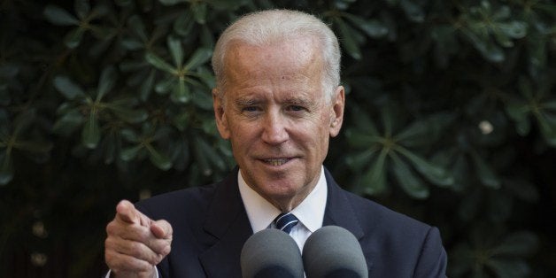 US Vice President Joe Biden gestures as he speaks at Ledra palace in the UN-patrolled Buffer Zone in Nicosia on May 22, 2014. Biden met Cyprus leaders Thursday to spur talks on ending the island's 40-year division and seek support for threatened sanctions against Russia despite the economic cost. AFP PHOTO/ ANDREW CABALLERO-REYNOLDS (Photo credit should read Andrew Caballero-Reynolds/AFP/Getty Images)