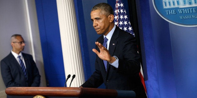 WASHINGTON, DC - JUNE 19: U.S. President Barack Obama concludes speaking about Iraq in the Brady Briefing room of the White House on June 19, 2014 in Washington, DC. Obama spoke about the deteriorating situation as Islamic State in Iraq and Syria (ISIS) militants move toward Baghdad after taking control over northern Iraqi cities. (Photo by Win McNamee/Getty Images)