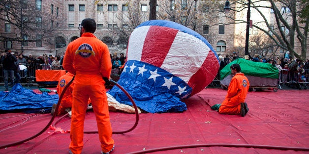 NEW YORK, NY - NOVEMBER 21: Macy's Thanksgiving Day Parade staff inflate an Uncle Sam balloon in Manhattan's Upper West Side on November 21, 2012 in New York City. The 86th annual event is the second oldest Thanksgiving Day parade in the U.S. (Photo by Ramin Talaie/Getty Images)