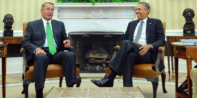 US President Barack Obama (R) meets Speaker John Boehner in the Oval Office at the White House in Washington, DC, on February 25, 2014. AFP PHOTO/Jewel Samad (Photo credit should read JEWEL SAMAD/AFP/Getty Images)