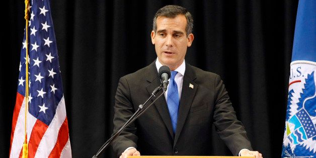 LOS ANGELES, CA - NOVEMBER 12: Los Angeles mayor Eric Garcetti delivers remarks during a public memorial for Transportation Security Administration (TSA) officer Gerardo Hernandez at the Los Angeles Sports Arena November 12, 2013 in Los Angeles, California. Hernandez was shot to death on Nov. 1 at Terminal 3 at Los Angeles International Airport during a shooting rampage by suspected gunman Paul Anthony Ciancia. (Photo by Al Seib-Pool/Getty Images)