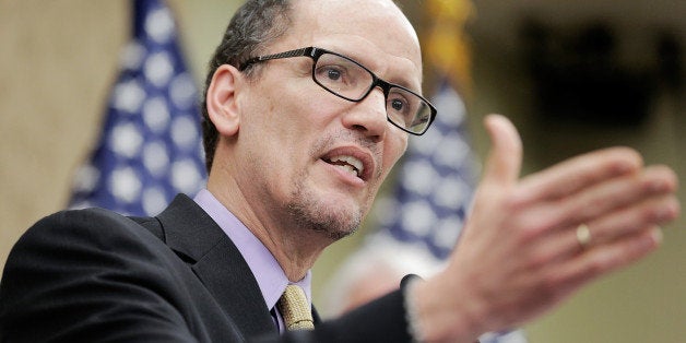 WASHINGTON, DC - APRIL 03: Secretary of Labor Thomas Perez speaks during a stop of the 'Give America a Raise' bus tour at th