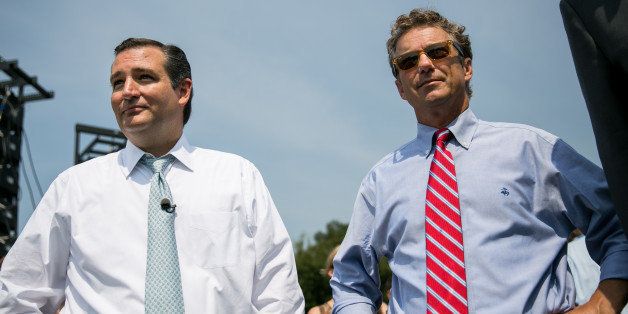 WASHINGTON, DC - SEPTEMBER 10: U.S. Sen. Ted Cruz (R-TX) (L) and Sen. Rand Paul (R-KY) wait to speak at the 'Exempt America from Obamacare' rally, on Capitol Hill, September 10, 2013 in Washington, DC. Some conservative lawmakers are making a push to try to defund the health care law as part of the debates over the budget and funding the federal government. (Photo by Drew Angerer/Getty Images)