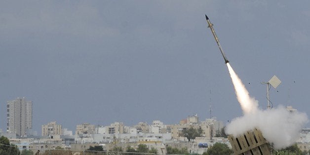 A missile is launched by an 'Iron Dome' battery, a short-range missile defence system designed to intercept and destroy incom