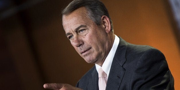 Speaker of the House John Boehner (R-OH) takes questions during his weekly press briefing on Capitol Hill July 10, 2014 in Washington, DC. Boehner spoke about immigration crisis, the highway trust fund and other issues. AFP PHOTO/Brendan SMIALOWSKI (Photo credit should read BRENDAN SMIALOWSKI/AFP/Getty Images)