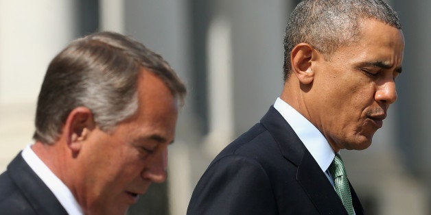 WASHINGTON, DC - MARCH 14: US President Barack Obama (R) walks with Speaker of the House John Boehner (R-OH) after a luncheon at the US Capitol, on March 14, 2014 in Washington, DC. Speaker Boehner hosted a lunch for Prime Minister Enda Kenny of Ireland in honor of St. Patricks Day on Sunday. (Photo by Mark Wilson/Getty Images)