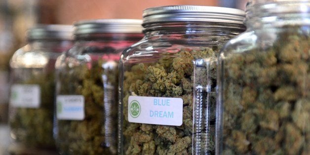 The highly-rated strain of medical marijuana 'Blue Dream' is displayed among others in glass jars at Los Angeles' first-ever cannabis farmer's market at the West Coast Collective medical marijuana dispensary, on the fourth of July, or Independence Day, in Los Angeles, California on July 4, 2014 where organizer's of the 3-day event plan to showcase high quality cannabis from growers and vendors throughout the state. A vendor is seen here responding to questions and offering a whiff of the strain 'Skyjack'. AFP PHOTO/Frederic J. BROWN (Photo credit should read FREDERIC J. BROWN/AFP/Getty Images)