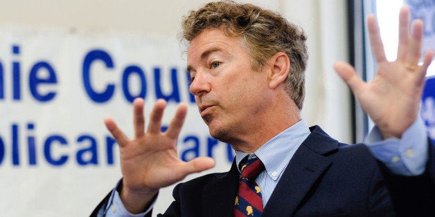 COUNCIL BLUFFS, IA - AUGUST 4: U.S. Sen. Rand Paul (R-KY) speaks to the media at the Pottawattamie County Republican headquarters as U.S. Rep. Lee Terry (L) (R-NB) looks on August 4, 2014 in Council Bluffs, Iowa. Paul is on a three-day bus tour through Iowa that will take him through nine cities. (Photo by Eric Francis/Getty Images)