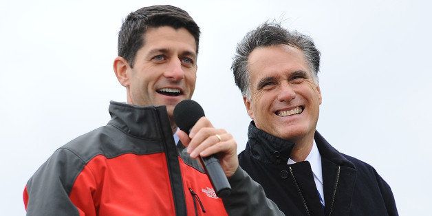 US Republican Presidential candidate Mitt Romney's running mate Paul Ryan speaks to an overflow crowd during a rally at Celina Fieldhouse in Celina, Ohio, October 28, 2012. AFP PHOTO/Emmanuel DUNAND (Photo credit should read EMMANUEL DUNAND/AFP/Getty Images)