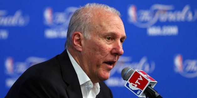SAN ANTONIO, TX - JUNE 15: Gregg Popovich of the San Antonio Spurs speaks to the media after defeating the Miami Heat in Game Five of the 2014 NBA Finals 104-87 at the AT&T Center on June 15, 2014 in San Antonio, Texas. NOTE TO USER: User expressly acknowledges and agrees that, by downloading and or using this photograph, User is consenting to the terms and conditions of the Getty Images License Agreement. (Photo by Chris Covatta/Getty Images)