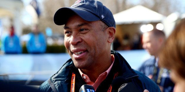 HOPKINTON, MA - APRIL 21: Governor Deval Patrick speaks to the media after the start of the Mobility Impaired division of the 118th Boston Marathon on April 21, 2014 in Hopkinton, Massachusetts. (Photo by Alex Trautwig/Getty Images)