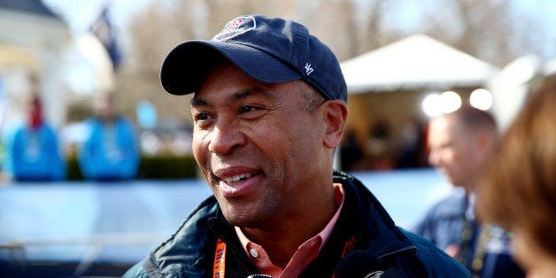 HOPKINTON, MA - APRIL 21: Governor Deval Patrick speaks to the media after the start of the Mobility Impaired division of the 118th Boston Marathon on April 21, 2014 in Hopkinton, Massachusetts. (Photo by Alex Trautwig/Getty Images)