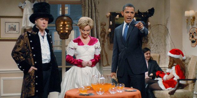 SATURDAY NIGHT LIVE -- Episode 4 -- Aired 11/03/2007 -- Pictured: (l-r) Darrell Hammond as Bill Clinton, Amy Poehler as Hillary Clinton, Barack Obama during 'Clinton Halloween Party' skit (Photo by Dana Edelson/NBC/NBCU Photo Bank via Getty Images)