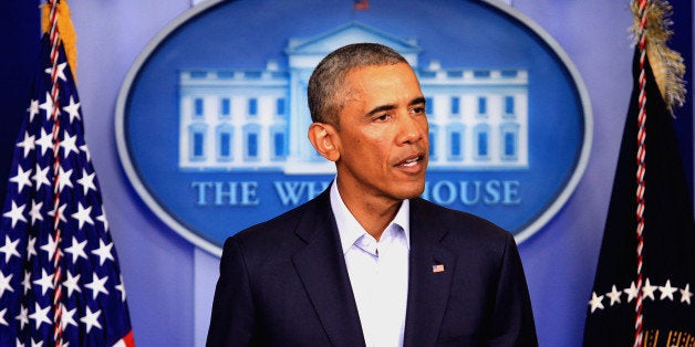 WASHINGTON, DC - AUGUST 18: U.S. President Barack Obama speaks during a press conference in the James Brady Press Briefing Room of the White House in Washington on August 18, 2014. President Obama returned early from his summer vacation to hold a meeting with top advisers on situation in Iraq and violence in Ferguson. (Photo by Basri Sahin/Anadolu Agency/Getty Images)