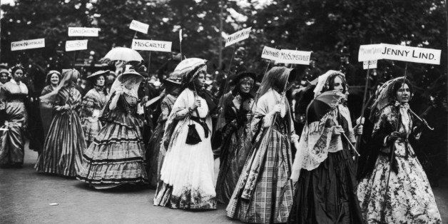 The 'Famous Women' Pageant of the Women's Coronation Procession, London, 17 June 1911. These suffragettes, dressed as notable women from the past, joined in the march and the rally in the Royal Albert Hall. The characters included Jenny Lind, the most celebrated soprano of her day; Grace Darling, a heroine who rescued survivors from a boat wrecked off the Farne Islands; Mrs Somerville, a science writer and advocate of higher education for women and women's suffrage, after whom Somerville College, Oxford, is named. (Photo by Museum of London/Heritage Images/Getty Images)