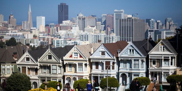 SAN FRANCISCO, CA - OCTOBER 11: 'Painted Ladies' near Alamo Square with the Downtown skyline in the back on October 11, 2013 in San Francisco, United States. (Photo by Margarethe Wichert/Getty Images)