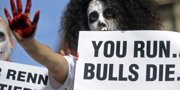 An activist of the People for the Ethical Treatment of Animals (PETA) and Anima Naturalis pro-animal groups, with a skull painted on her face, holds a placard during a protest against bullfighting and bull-running during the San Fermin festivities in the Northern Spanish city of Pamplona on July 5, 2014. The San Fermin festival is a symbol of Spanish culture that attracts thousands of tourists to watch the bull runs despite heavy condemnation from animal rights groups. AFP PHOTO/ RAFA RIVAS (Photo credit should read RAFA RIVAS/AFP/Getty Images)