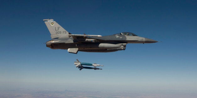 A 56th Fighter Wing F-16 Fighting Falcon from Luke Air Force Base, Arizona, releases two GBU-12 laser guided bombs during a training mission.